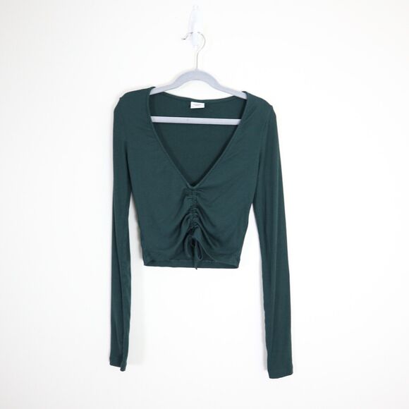 Aritzia Sunday Best Size XXS Vida Long Sleeve Crop Top Ribbed Green Ruched Front - Picture 2 of 10